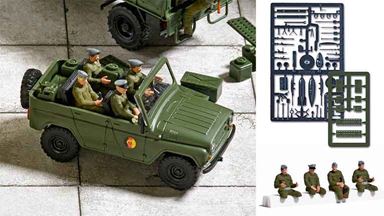 BUSCH 1937 — Сидящие солдаты (4 неокрашенные фигурки, инструменты и др.), 1:87, армия ГДР